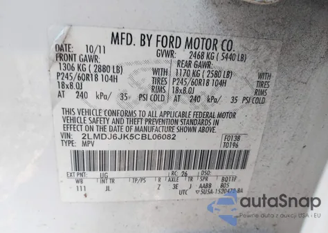 2012 Lincoln Mkx z USA, uszkodzony, nr VIN 2LMDJ6JK5CBL06082